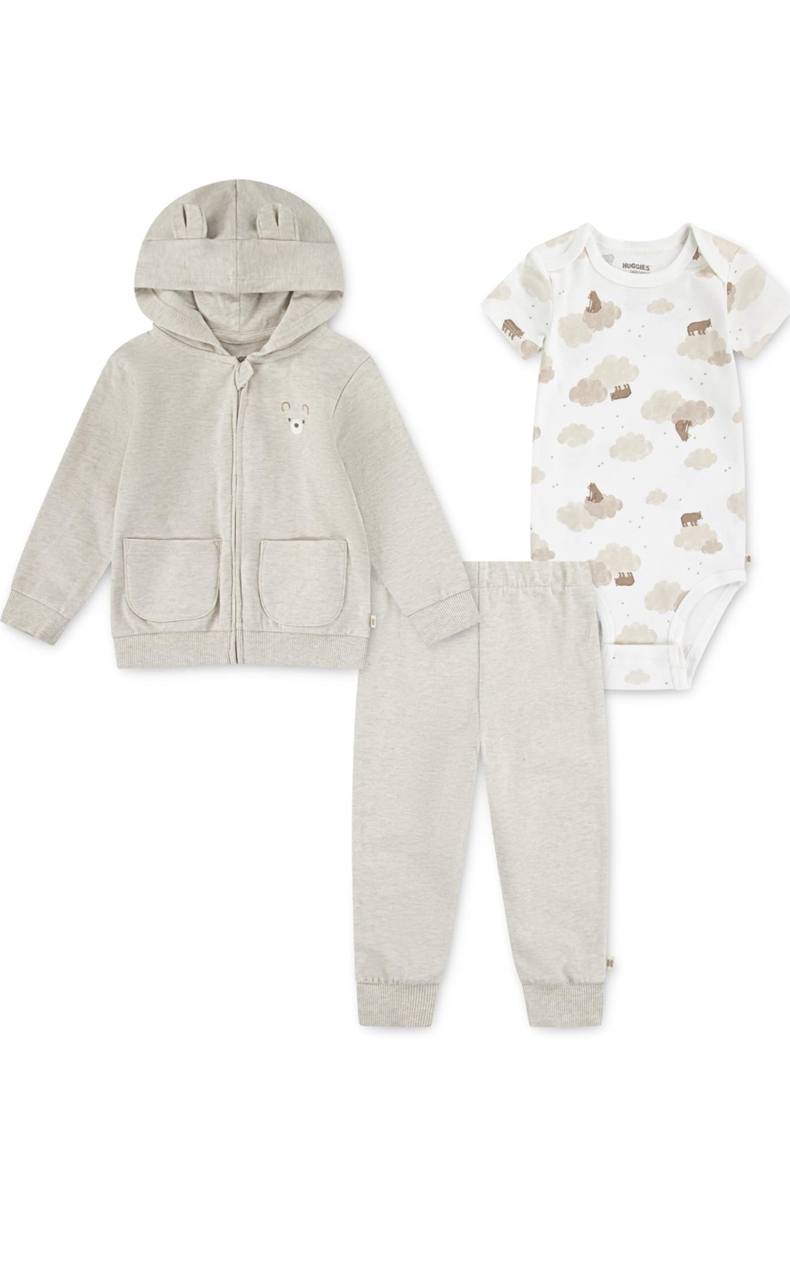 HUGGIES Baby Bodysuit Hoodie and Pants 3-piece Outfit Set