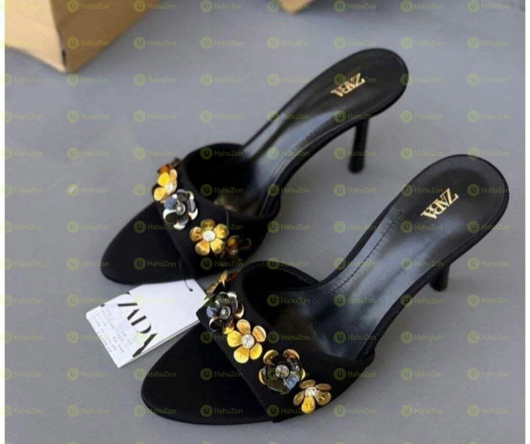 Zara Heel With Metallic Flower Shoes