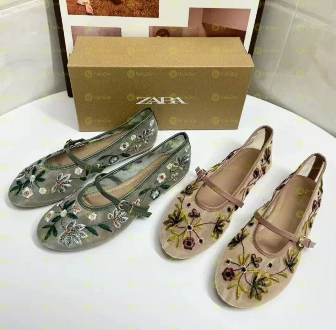 Zara Floral Embroidered Mesh Ballet Flat Shoes
