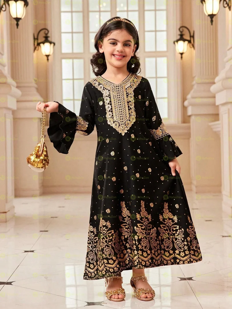 Girls Golden Collar Flower Flare Sleeve Dress