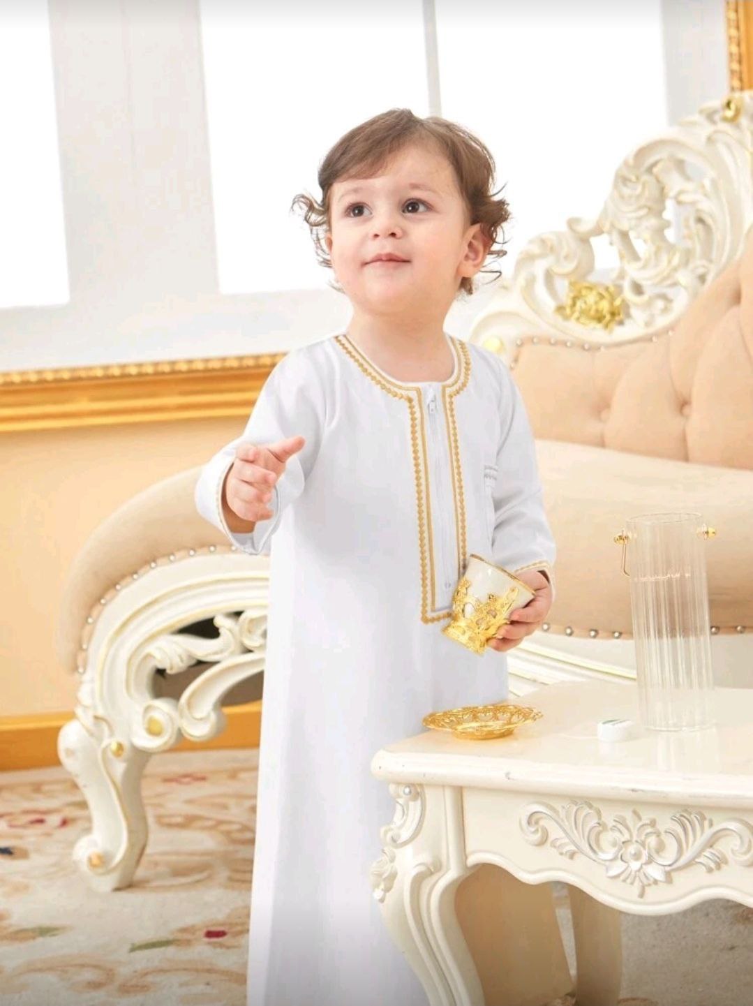 Baby Boy Long Robe With Embroidered Gold Trim and Zipper