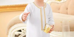 Baby Boy Long Robe With Embroidered Gold Trim and Zipper