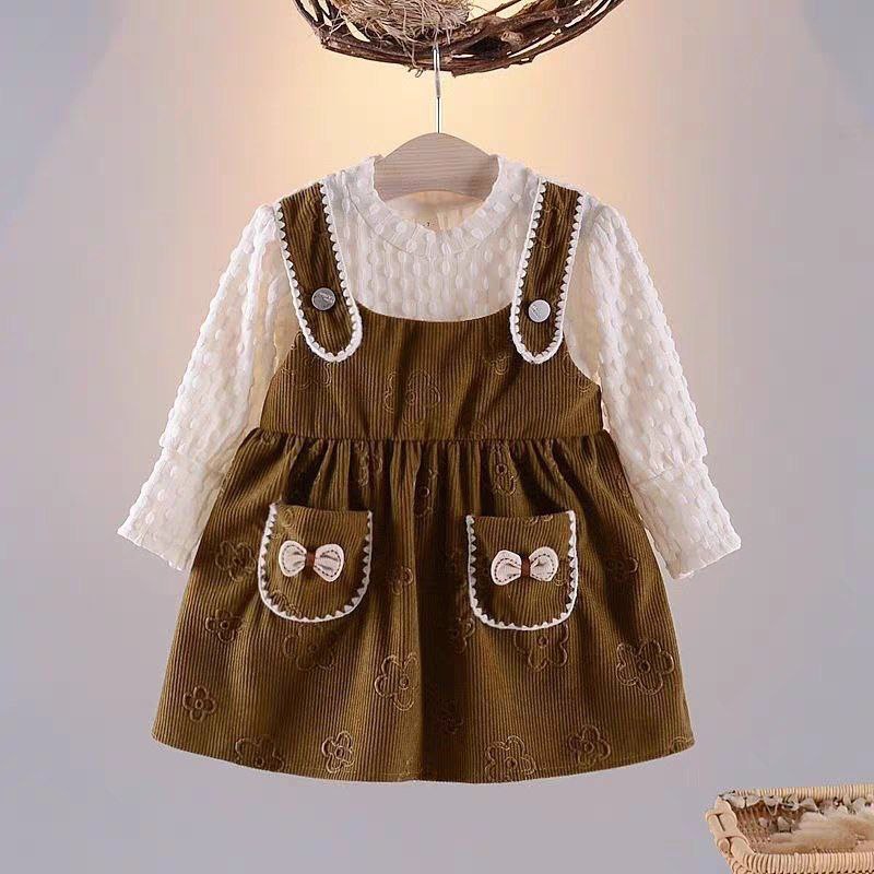 Girls Lantern Sleeve Bow Decor Pocket Dress