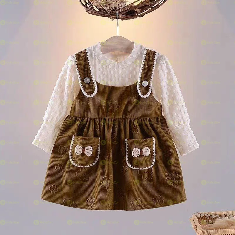Girls Lantern Sleeve Bow Decor Pocket Dress