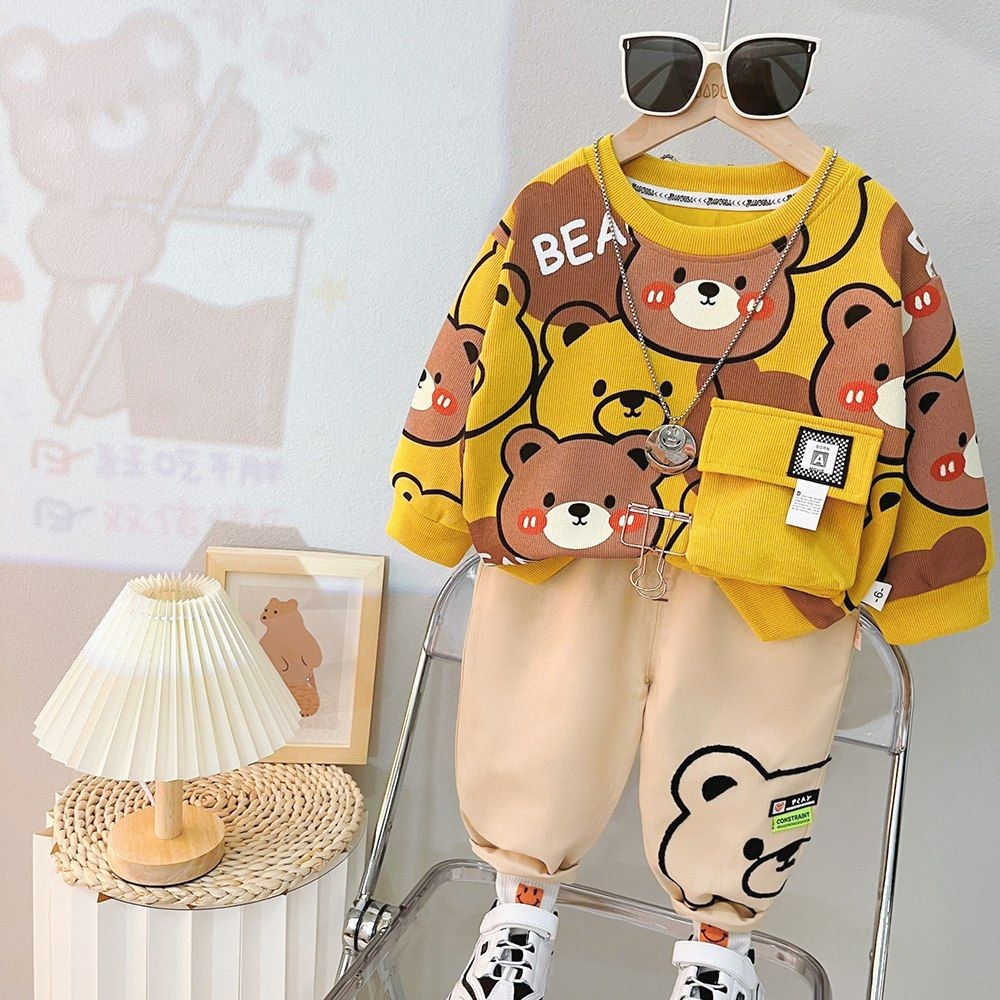 Bear Printed Sweatshirt and Khaki Pant Set