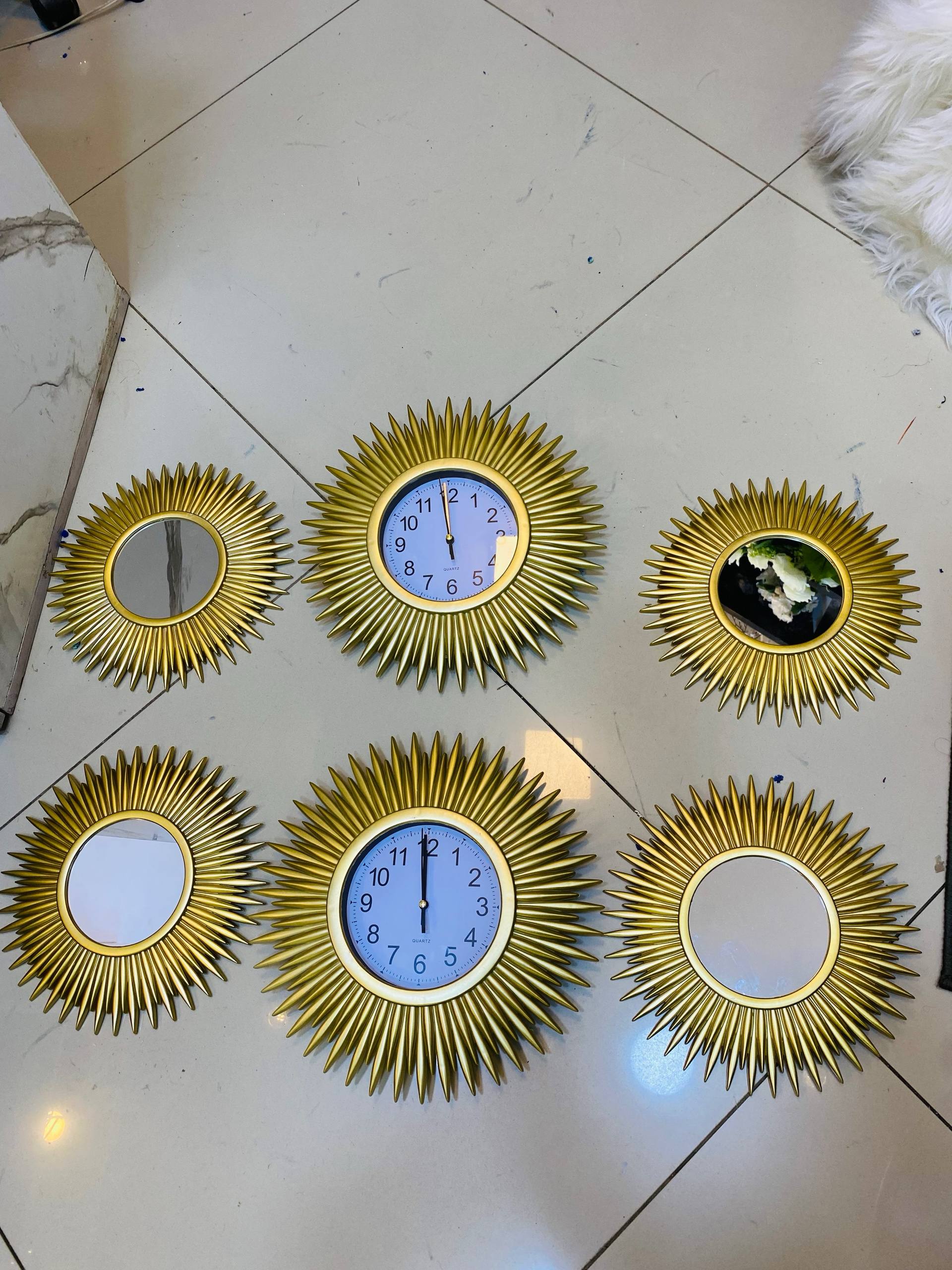 Golden Sunburst Clock Mirror Set
