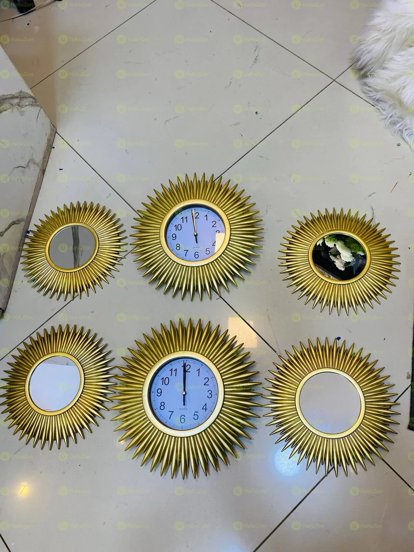 Golden Sunburst Clock Mirror Set