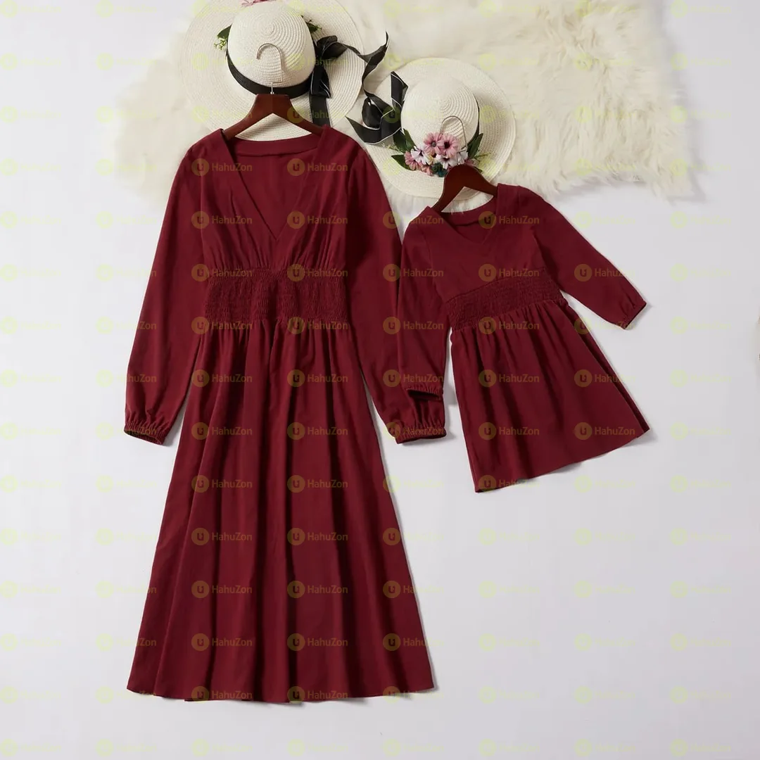 Christmas V-neck Waist Pleated Matching Dresses