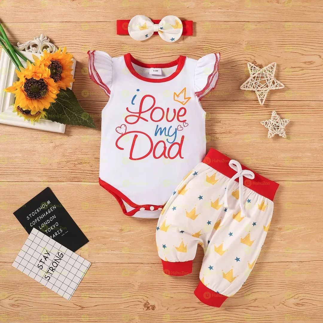 3pcs Baby Girl Cute Flutter-Sleeve Cotton Love Dad Romper Pants Sets