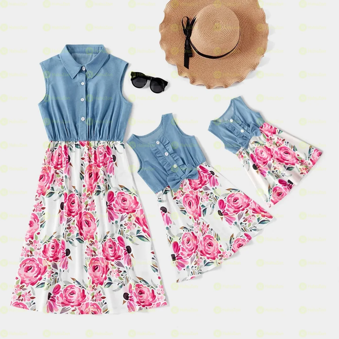 Baby Denim Stitching White Floral Sleeveless Midi Dresses