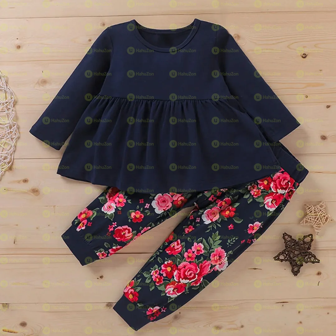 2-piece Baby Solid Long-sleeve Top and Floral Print Pants Set