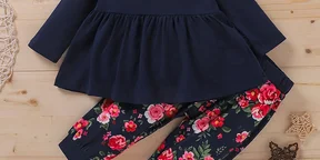 2-piece Baby Solid Long-sleeve Top and Floral Print Pants Set