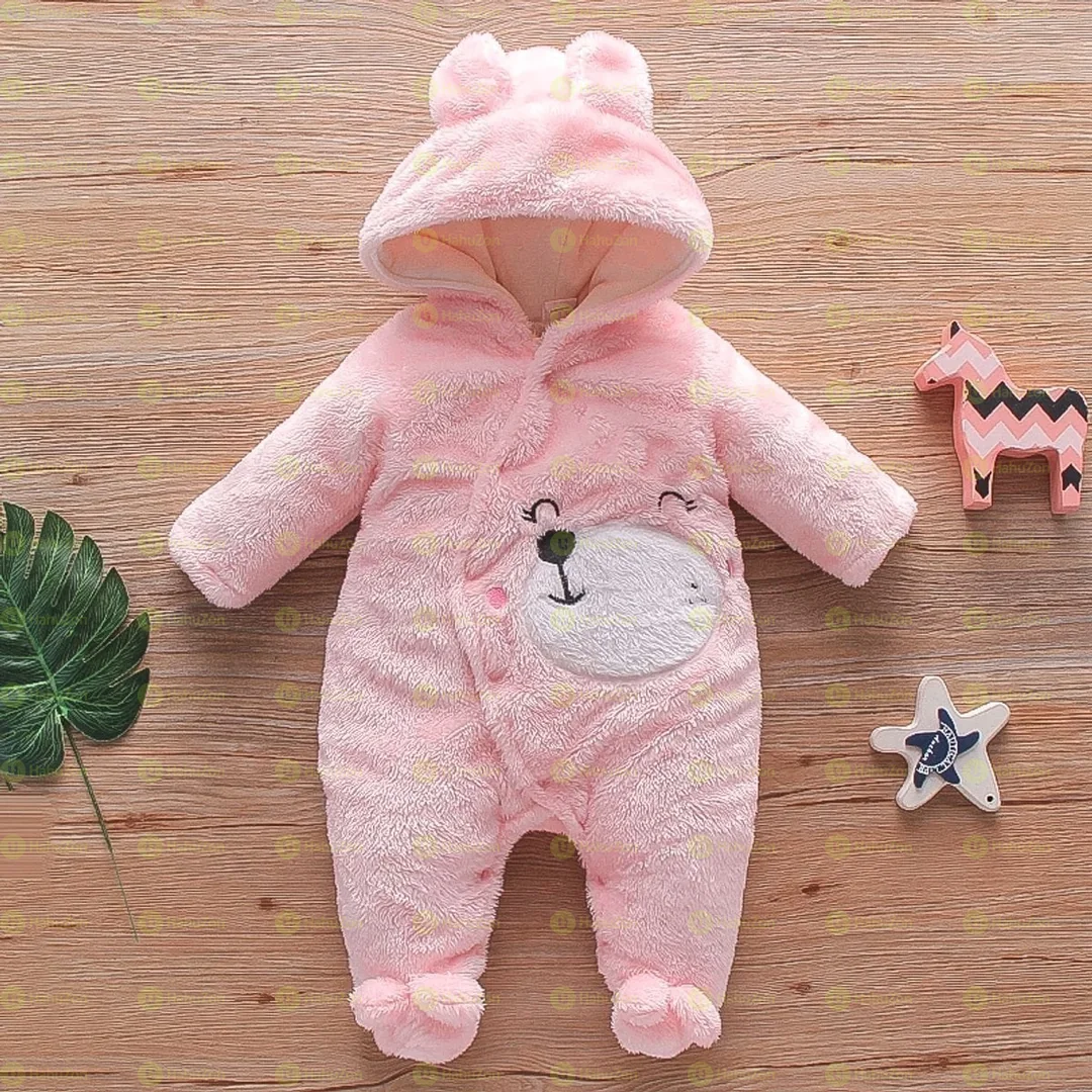 Soft Thick Fleece Solid Hooded Long-sleeve Baby Jumpsuit