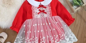 Baby Red Long-sleeve Doll Collar Mesh Romper Princess's Party Dress