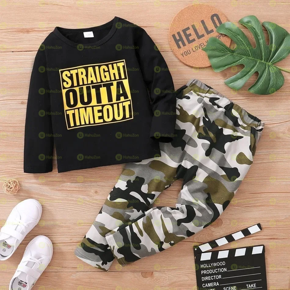 Toddlers 2pcs Letters Print Black Long-Sleeve Trouser Set
