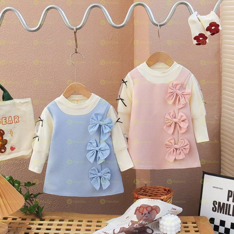 Girls Bow Decor Long-Sleeve Dress