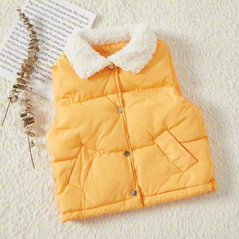 Kid Girl Lapel Collar Button Design Fuzzy Coat Vest