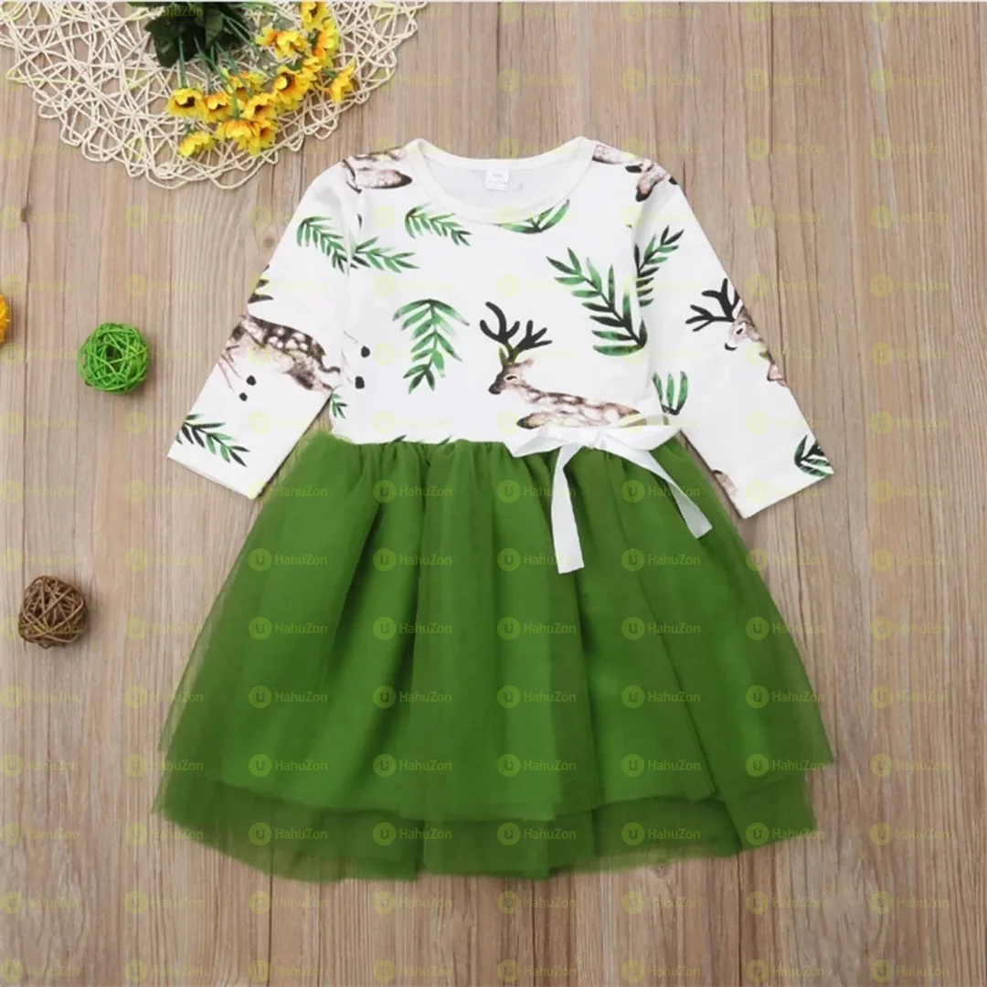 Toddler Deer Print Green Mesh Long-sleeve Dress