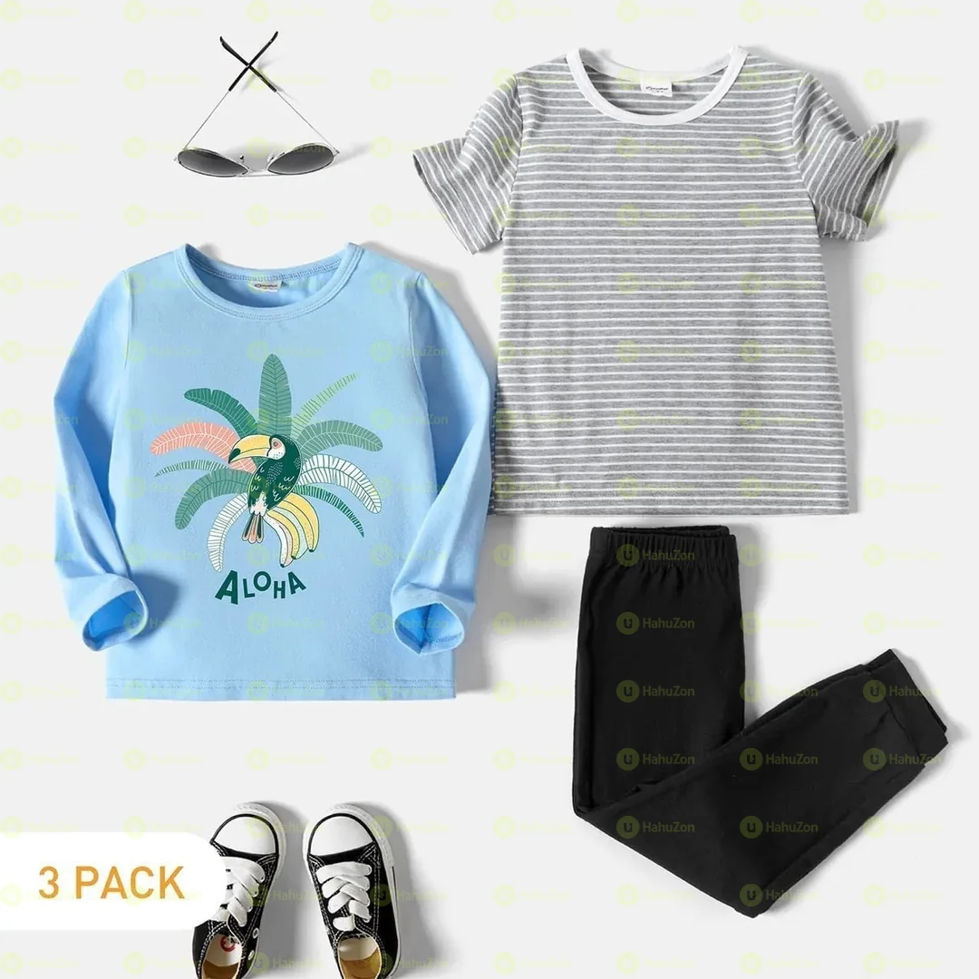 3-Pack Toddler Graphic & Striped Tee & Pants Set