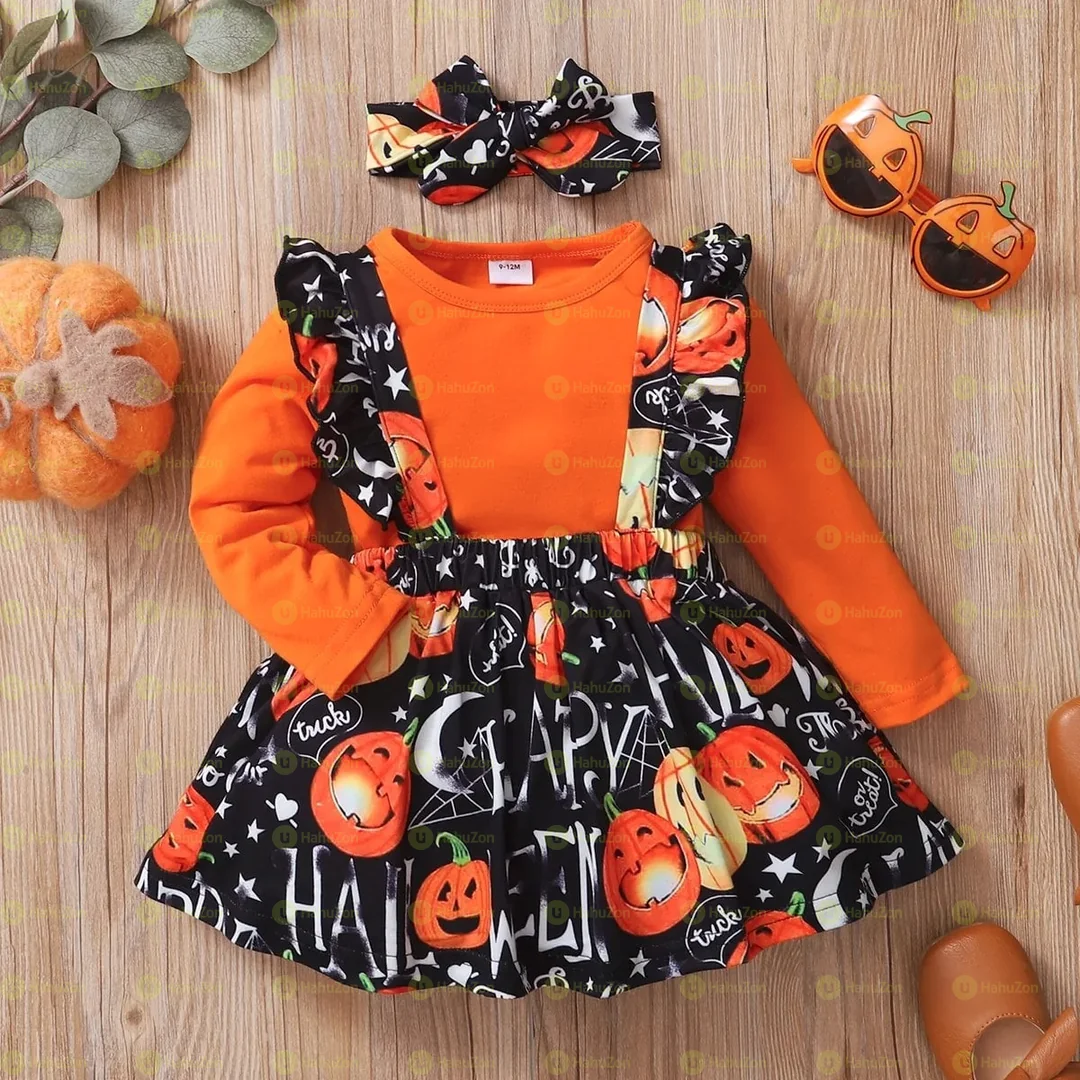 3pcs Halloween Style Long-sleeve Orange Baby Set