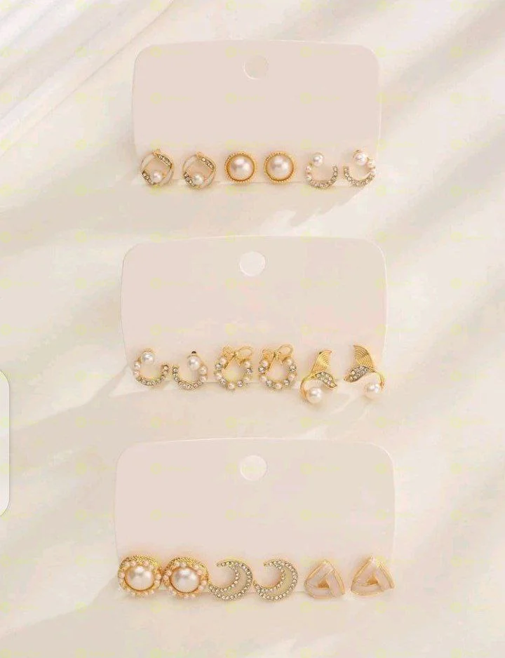 9pairs/Set Fashionable Zinc Alloy Rhinestone Moon & Faux Pearl Decor Stud Earrings