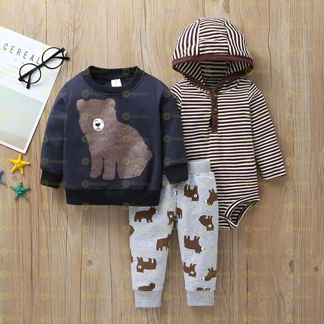 Three-pieces Bear and Stripe Long-sleeve Baby Causal Set