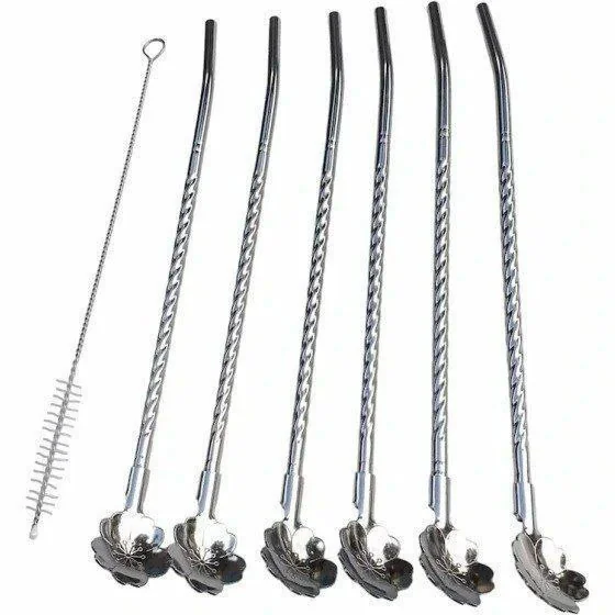 6pcs Reusable Drinking Stainless Straws With Cleaning brush