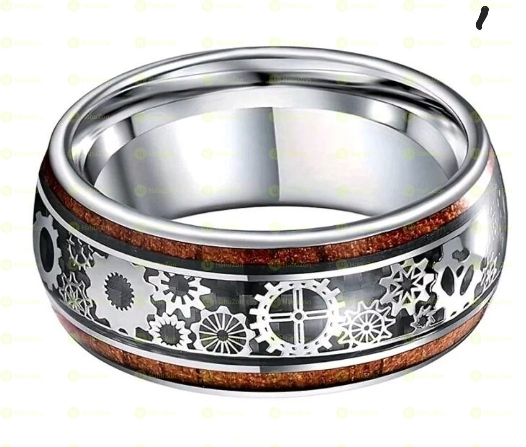 Mechanical Gear & Wood Grain Steak Style Men's Ring