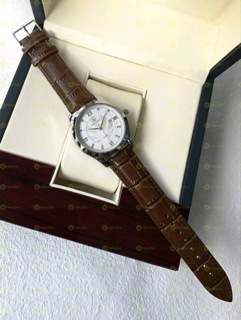 Men's Elegant Waterproof Stainless Steel Case Brown Leather Band Watches