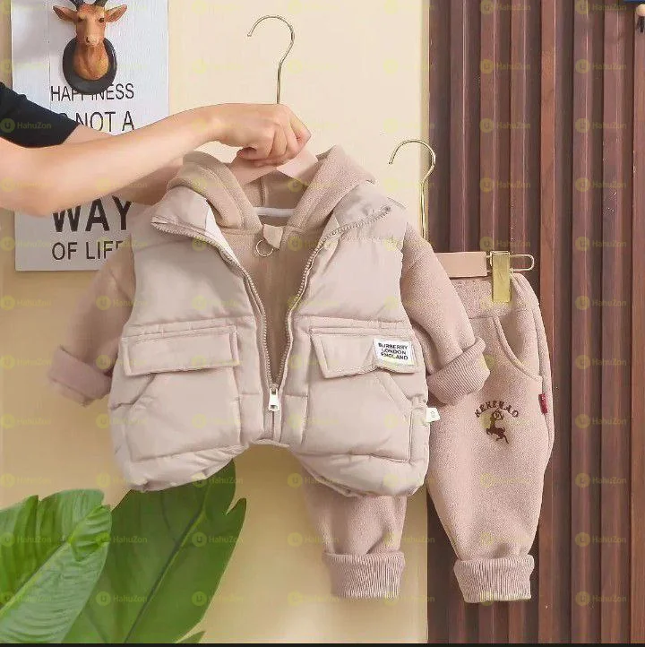 3Piece Set Cardigan Pant And Vest With Warm Hoodie