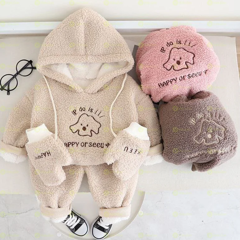 Winter Plush Kids Clothes Sets Casual Hooded Top and Pants 2 Pieces