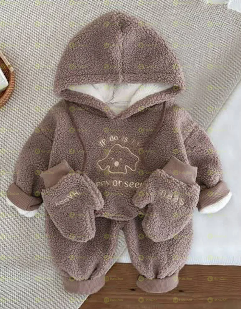 Winter Plush Kids Clothes Sets Casual Hooded Top and Pants 2 Pieces