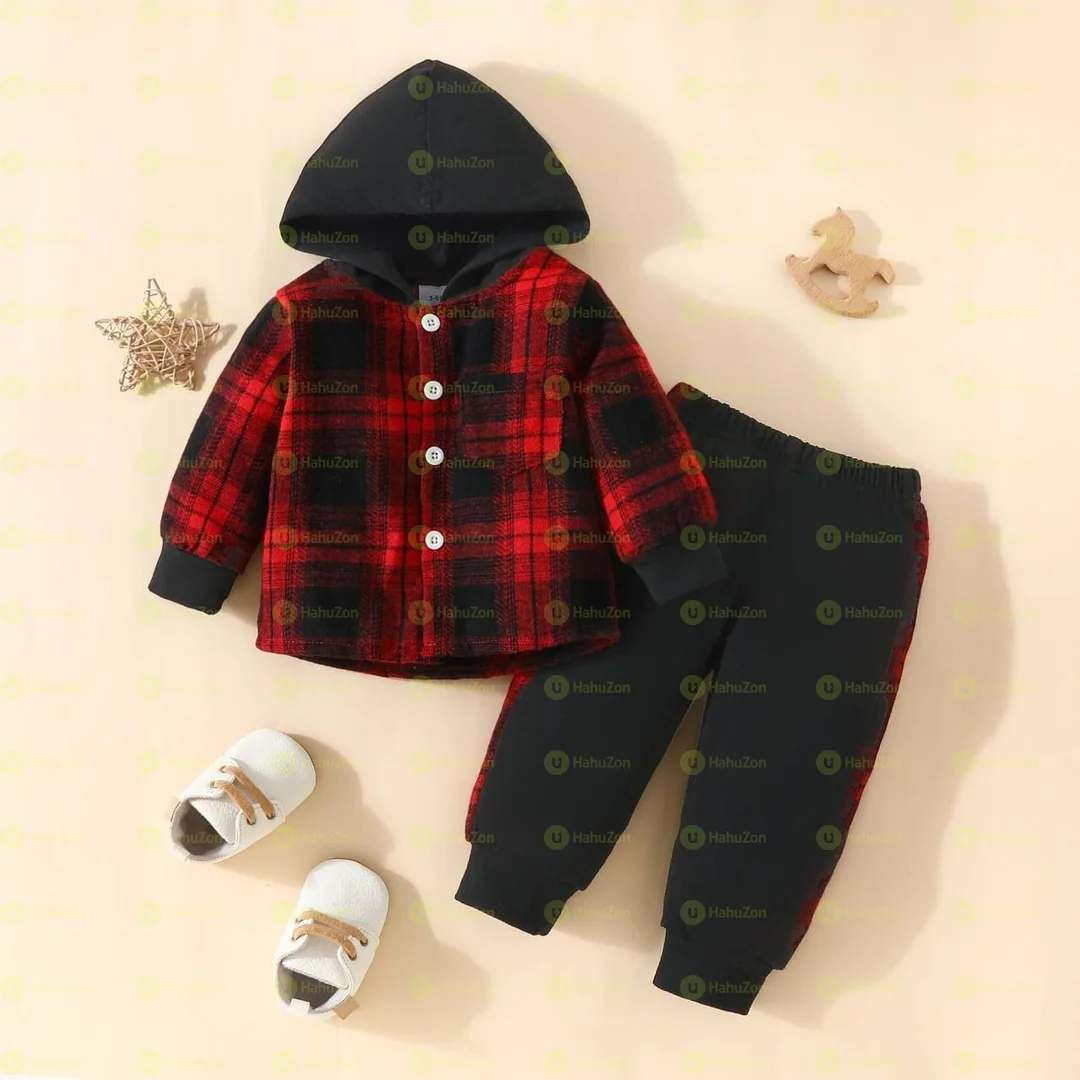 Toddler Boy Classic Plaid Hooded Long-Sleeved Shirt and Pant Set