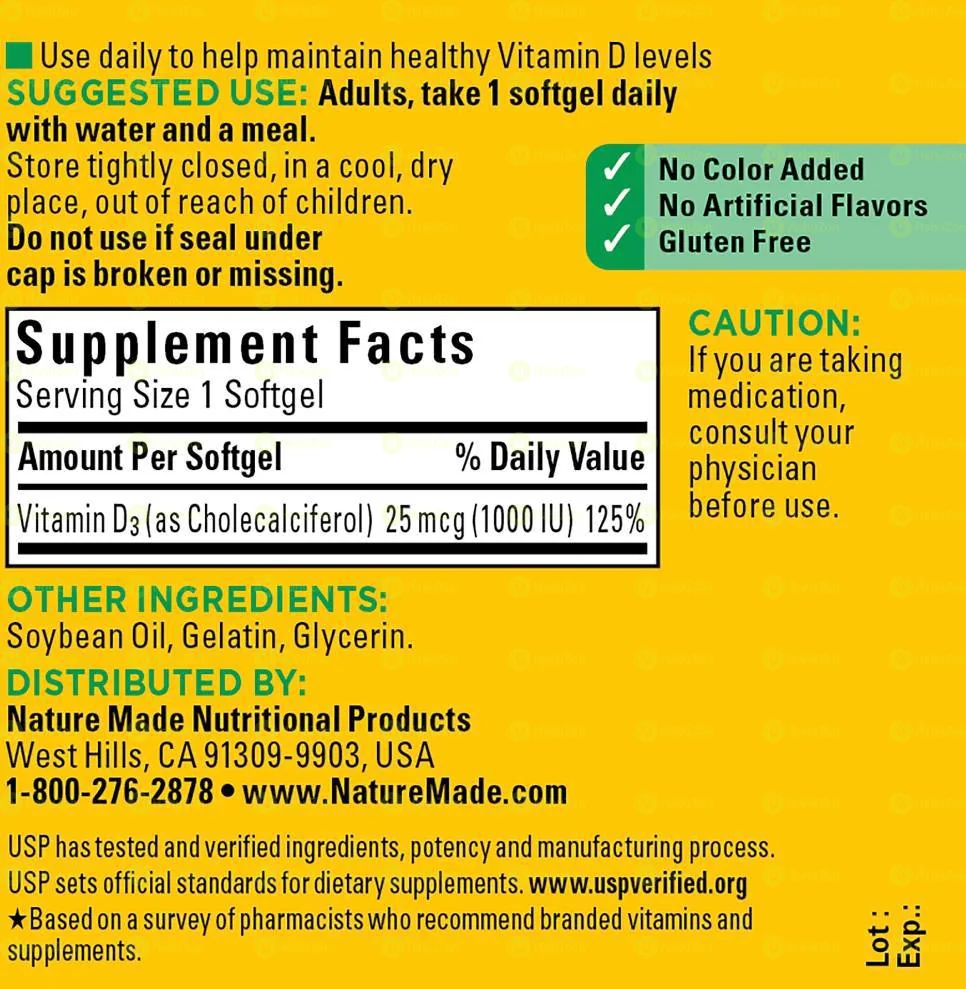 Nature Made Vitamin D3 1000 IU 25 mcg Softgels