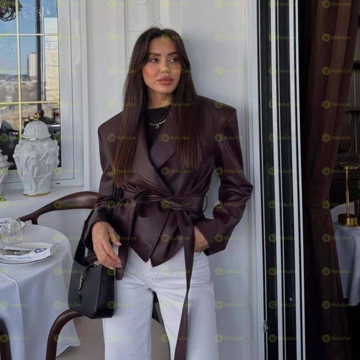 Elegant Lapel PU Jacket With Belted Waist For Women Fashion