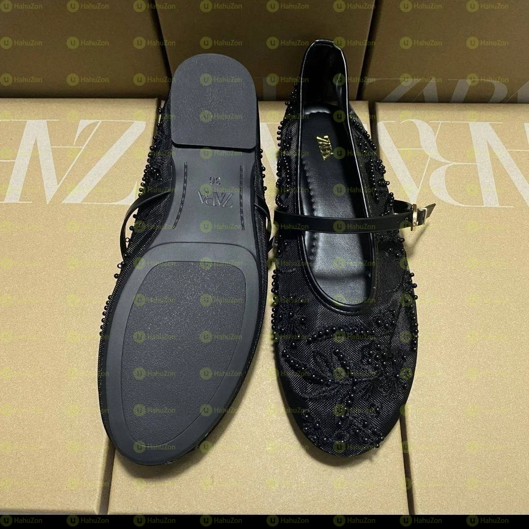 Zara Black Mesh String Bead Ballet Flats Women Shoes