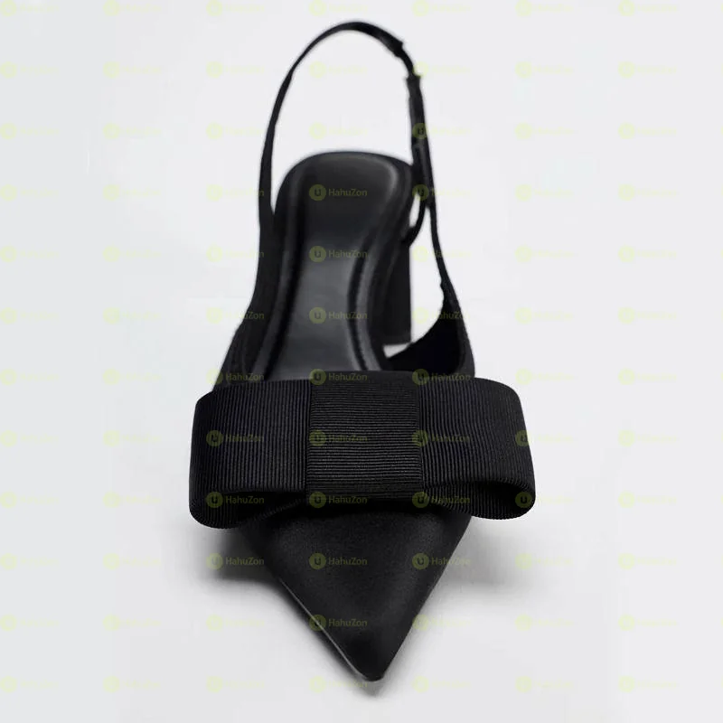 Black Pointed Bow Women's Elegant Heels Shoes