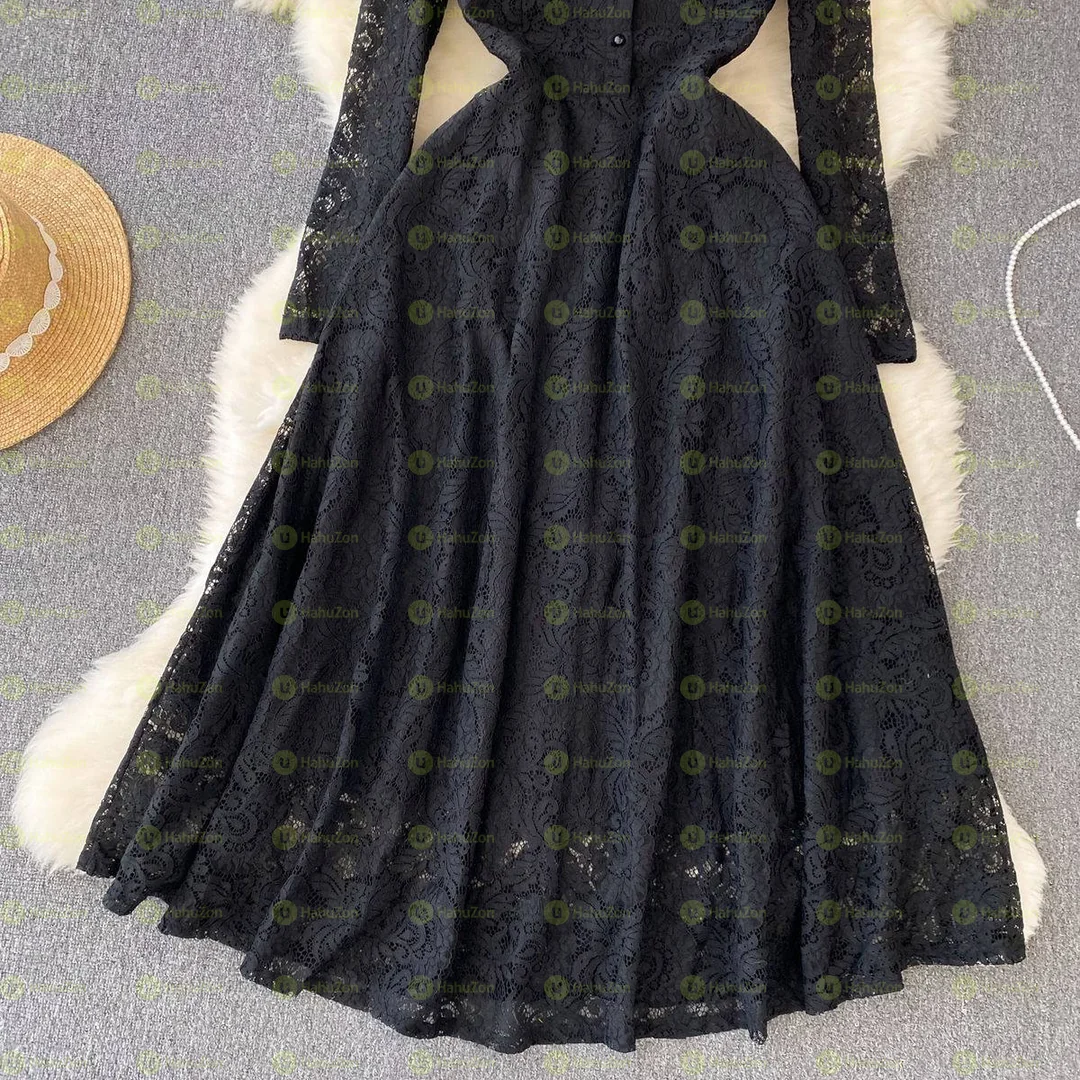 Autumn Stand Collar Long Sleeve Lace Dress