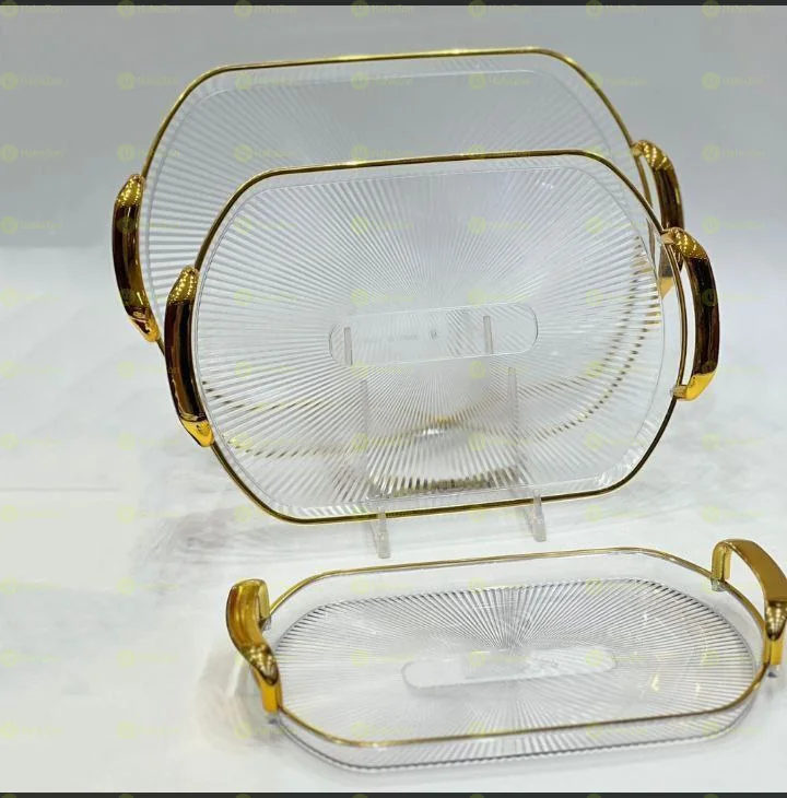 3 Sets Serving Acrylic Tray With Golden Handle