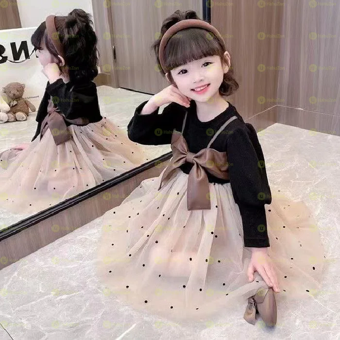 Girls Bow Decor Long-Sleeved Dress