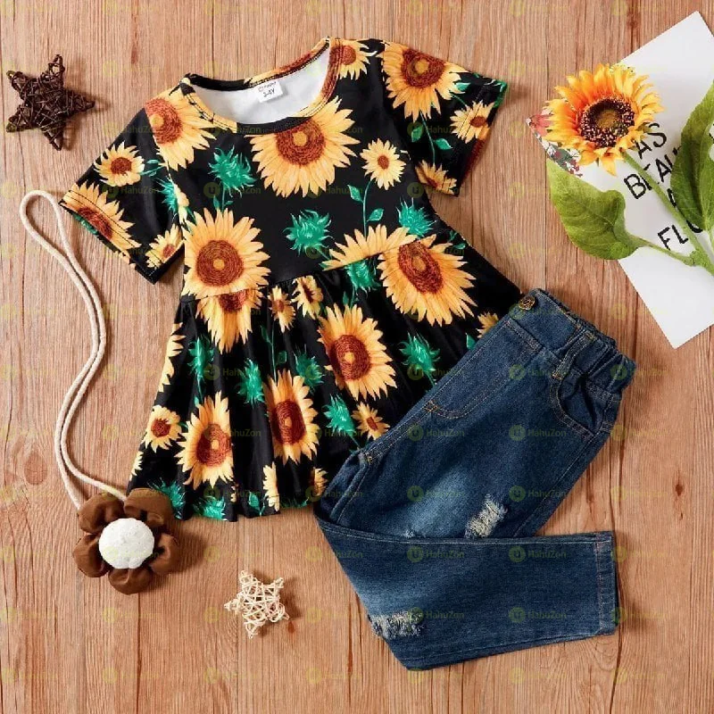 2-piece Baby Toddler Girl Sunflower Top and Jeans Set