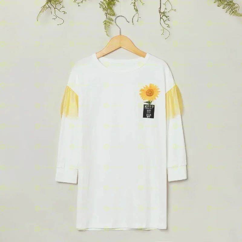 Fashionable Kid Girl Sunflower Mesh Long-sleeves Dresses