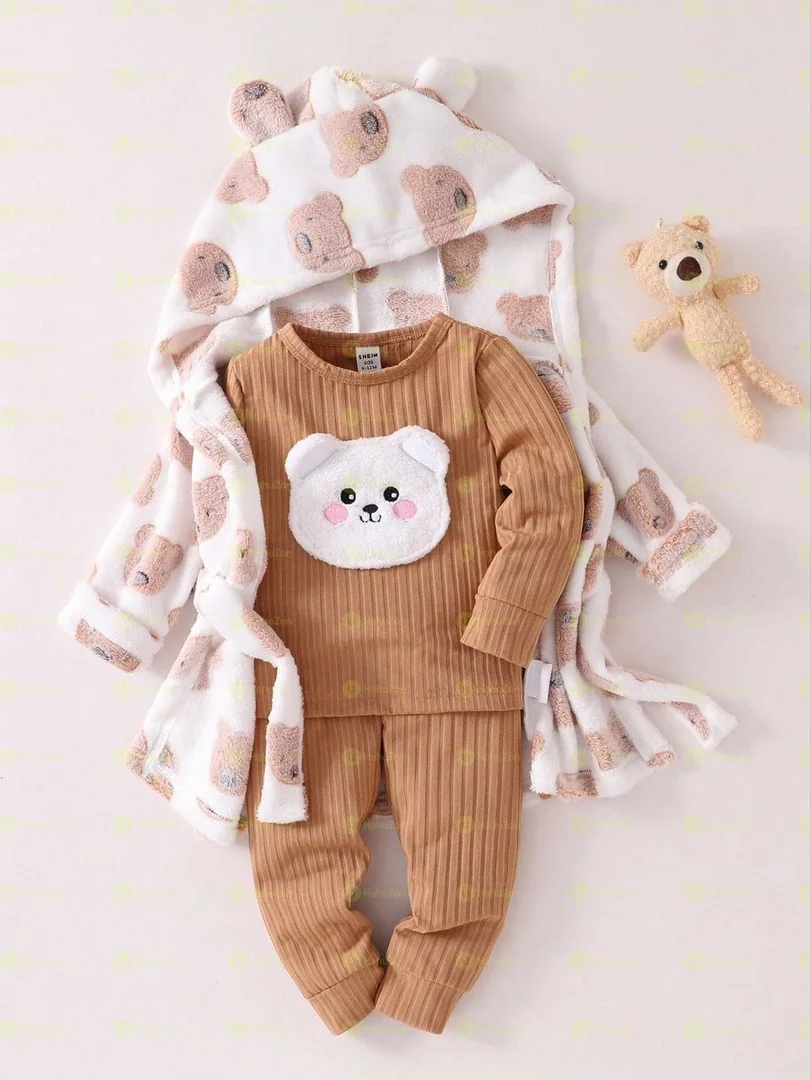 3 iece Set Bear Patch Top Pant and Robe Gown