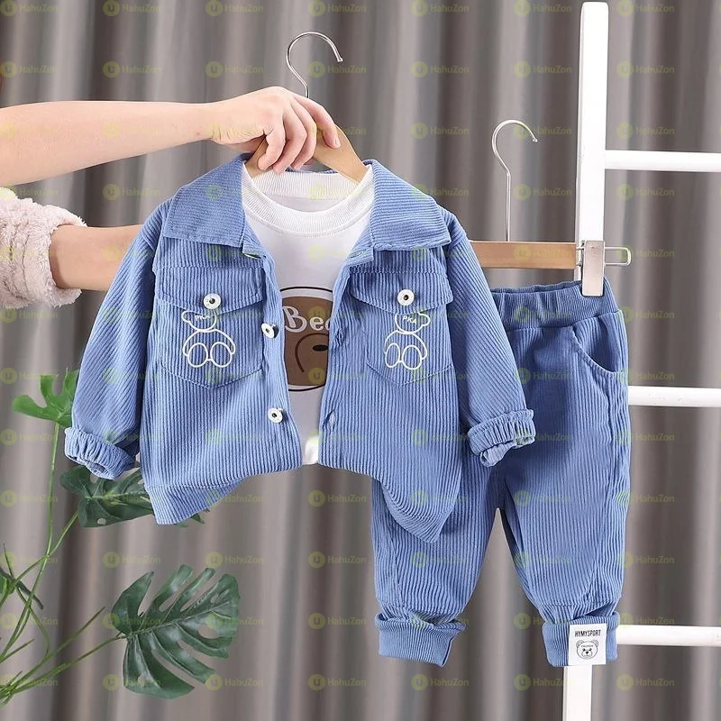 3 Piece Set Cartoon Bear Design Corduroy Outfit