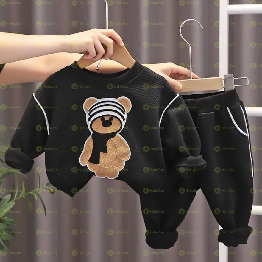 Bear Printed Autumn Sweatshirt and Pant Set