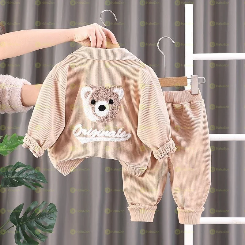 3 Piece Set Cartoon Bear Design Corduroy Outfit