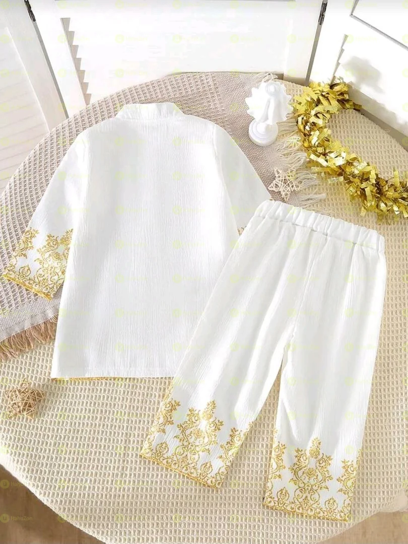 Toddler Boys Golden Print Long Robe Collar Shirt and Pant Set