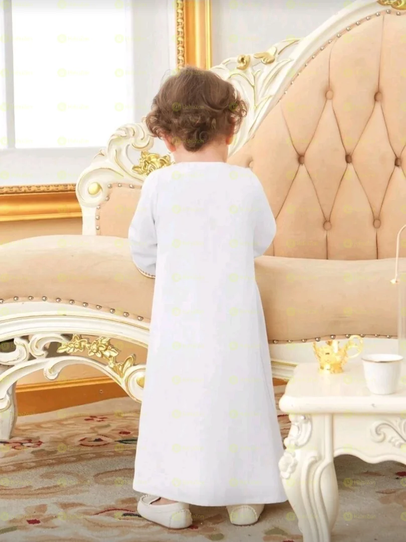 Baby Boy Long Robe With Embroidered Gold Trim and Zipper