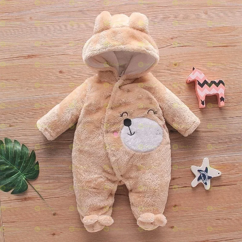 Soft Thick Fleece Solid Hooded Long-sleeve Baby Jumpsuit