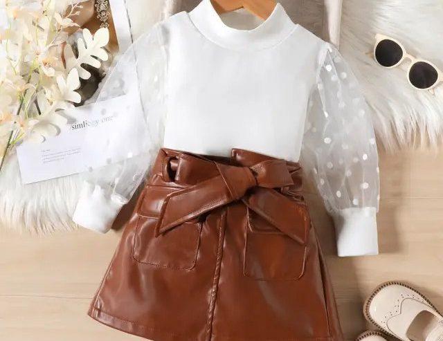 Girls Casual Mesh Sleeve Top and Short Skirt